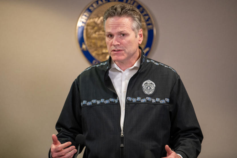 Alaska Gov. Mike Dunleavy speaks about the state's COVID-19 response from the Atwood Building in Anchorage on March 23, 2020.