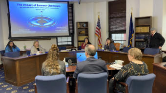 The House Health and Social Services Committee listens to testimony from invited witnesses about toxic chemicals sometimes referred to as PFAS or “forever chemicals" in state waters on March 9, 2020, in Juneau. Facing away from the camera, from left to right: Kelly McLaughlin from the Gustavus PFAS Action Coalition, attorney and author Robert Bilott, and Pamela Miller of Alaska Community Action of Toxics.