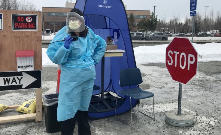 Trish Siza was the first health care provider to greet people in Anchorage seeking COVID-19 testing earlier this month at a drive-thru testing location. (Photo by Casey Grove/Alaska Public Media)