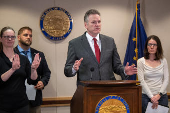 Alaska Gov. Mike Dunleavy speaks about the state's COVID-19 response from the Atwood Building in Anchorage on March 20, 2020.