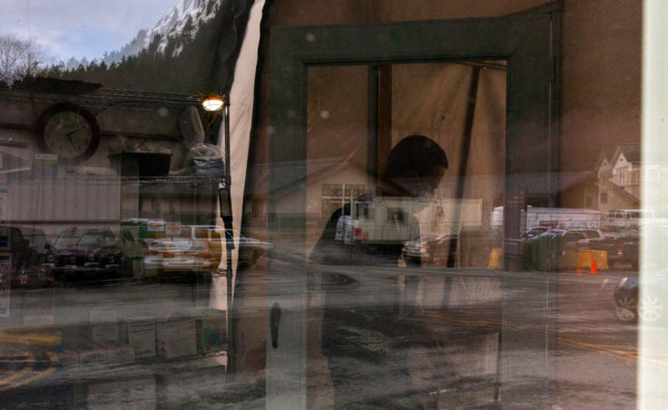 Luke Dihle, RN at Bartlett Hospital, leaves a triage tent near the entrance of the hospital on Monday, April 7, 2020 in Juneau, Alaska. (Photo by Rashah McChesney/KTOO)