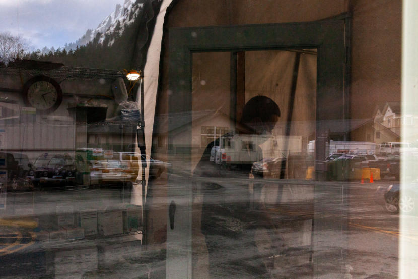 Luke Dihle, RN at Bartlett Hospital, leaves a triage tent near the entrance of the hospital on Monday, April 7, 2020 in Juneau, Alaska. (Photo by Rashah McChesney/KTOO)