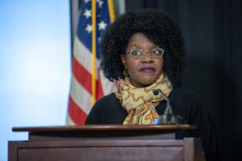 Department of Labor and Workforce Development Commissioner Tamika Ledbetter during a press conference on the COVID-19 pandemic on April 3, 2020, in Anchorage, Alaska. (Creative Commons photo courtesy Alaska Governor's Office)