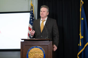 Alaska Gov. Mike Dunleavy speaks during a news conference Tuesday, April 7, 2020, in Anchorage. Dunleavy held the news briefing to announce that he had signed the state budget bill for the next fiscal year. (Creative Commons photo by Alaska Governor's Office)