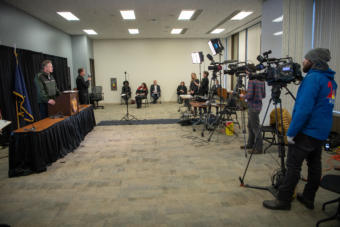 Gov. Dunleavy holds a press conference on COVID-19 in the Atwood Building in Anchorage on March 31, 2020.