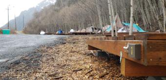 Twelve out of 20 tent platforms at the City and Borough of Juneau's seasonal Mill Campground are occupied on April 28, 2020.