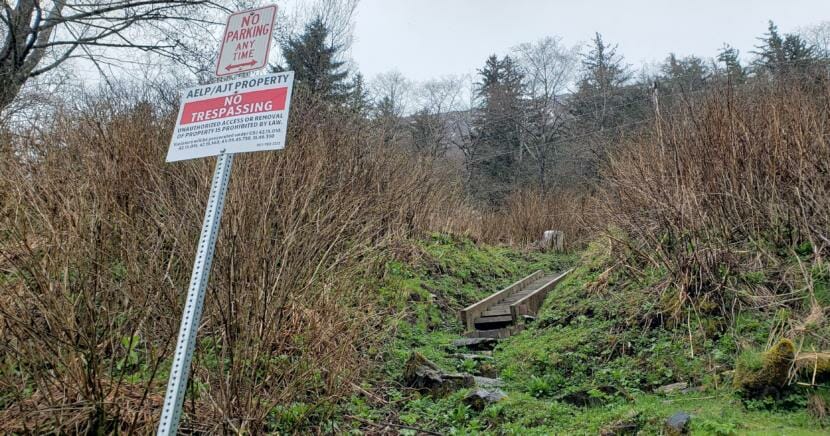 A steep path leads up to the City and Borough of Juneau's former Thane Campground on April 28, 2020.