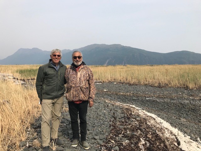 Byron Mallott, left, and Willie Hensley pose for a photo at Three Saints Bay on Kodiak Island in August 2019.