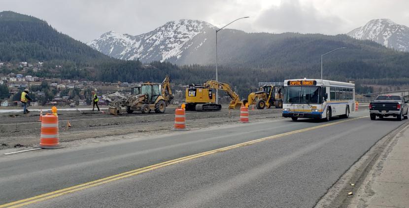 SECON workers, pictured here on May 6, 2020, are rebuilding Egan Drive in Juneau.