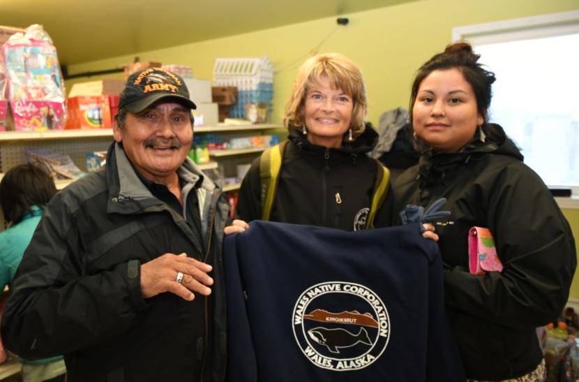 Frank Oxereok of Wales poses with Senator Murkowski and another Wales resident at the local store. (Karina Borger/Office of Lisa Murkowski)