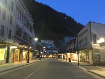 Front Street in downtown Juneau, an area typically known for its nightlife, is empty on Saturday night, April 18, 2020. (Photo by Ryan Cunningham/KTOO)
