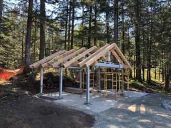 An new picnic shelter takes shape in the U.S. Forest Service's Lena Beach Recreation Area, pictured here in May 2020.