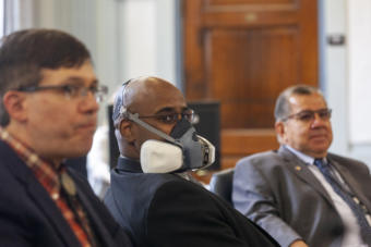 Sen. David Wilson, R-Wasilla, was the only legislator on the Senate Finance committee who chose to wear a mask on Monday, May 18, 2020, in Juneau, Alaska. (Photo by Rashah McChesney/KTOO)