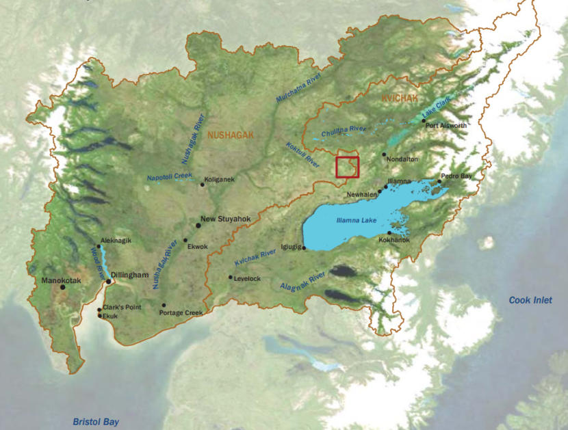 Map of the Bristol Bay region. The Pebble deposit location is indicated by the red box. (Photo courtesy U.S. EPA)