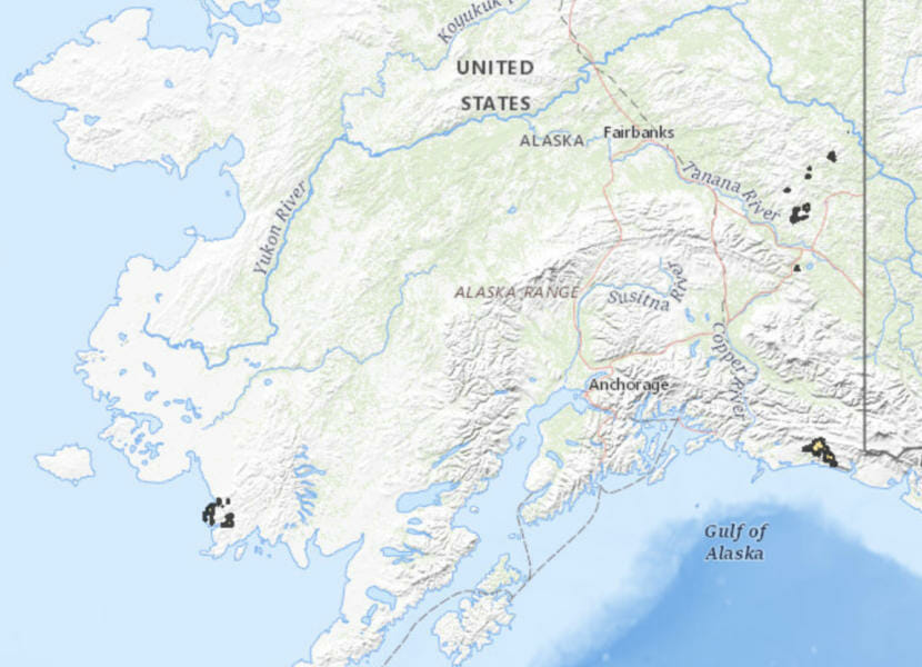 Public domain map from the Bureau of Land Management denoting areas currently available for land allotments for Alaska Native veterans who served in the Vietnam War.