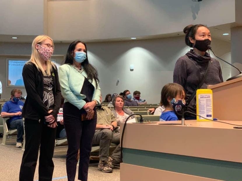 Kendra Kloster, left, and Keneggnarkayaagaq Emily Edenshaw listen as Charlene Aqpik Apok speaks to the Anchorage Municipal Assembly on Tuesday, June 23, 2020. Apok's son stood in support of his mom. The Assembly approved appointing the three Alaska Native women to the city's Public Safety Advisory Commission. (Photo courtesy Yaari Toolie-Walker)