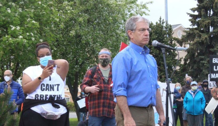 Anchorage Mayor Ethan Berkowitz pauses during a speech on Friday, June 5, 2020, at a rally for justice for George Floyd. 