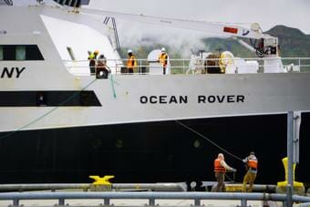 The F/V Ocean Rover left Bellingham, Washington on May 29, and arrived in the Port of Dutch Harbor Sunday evening after a voyage of 16 days, 15 hours. (Hope McKenney/KUCB)