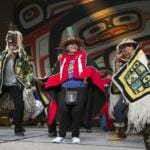 Rosita Worl, president of Sealaska Heritage Institute, center, dancing with her fellow Thunderbird dancers. (Photo courtesy of Brian Wallace)
