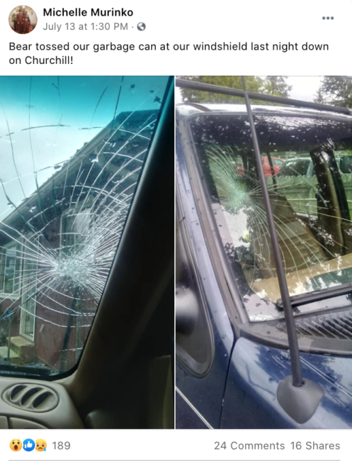 Screenshot of a Facebook post featuring photos of a broken car windshield.