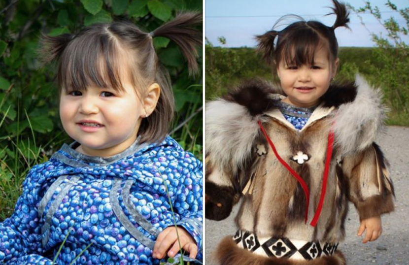 Two photos of a child who participated in the contest. On the left, she is wearing a blueberry-print atikłuk. On the right, a replica of a parky made in 1949