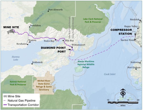 A map showing the proposed route from Cook Inlet to the mine site.