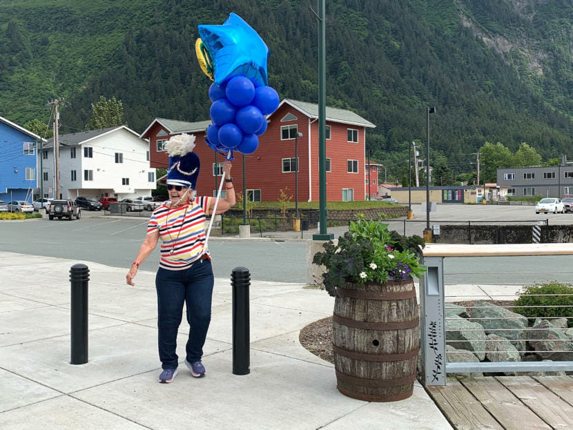 Bea Findlay leads a Back the Blue rally on Independence Day, Saturday, July 4, 2020, in Juneau, Alaska. (Photo by Rashah McChesney/KTOO)