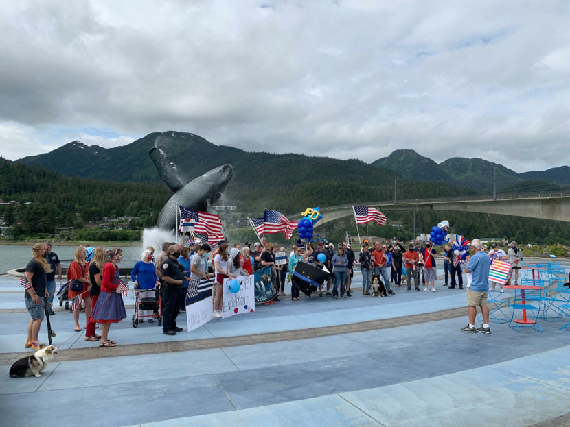 More than 50 people gathered in Overstreet Park before marching through downtown in support of Juneau Backs the blue on Saturday, July 4, 2020, in Juneau, Alaska. (Photo by Rashah McChesney/KTOO)
