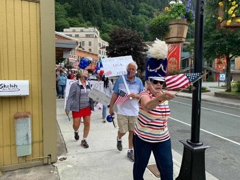 Bea Findlay leads a Back the Blue rally on Independence Day, Saturday, July 4, 2020, in Juneau, Alaska. (Photo by Rashah McChesney/KTOO)