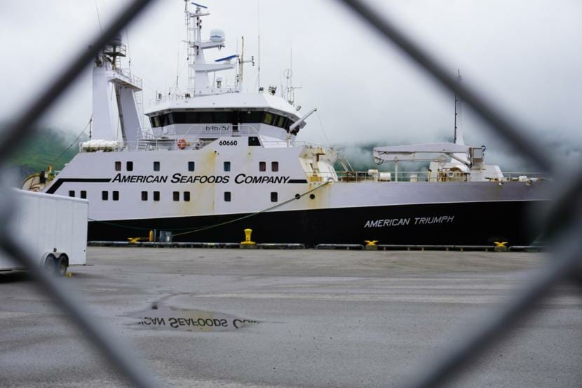 The American Triumph — a 285-foot factory trawler, with an onboard processing plant — sits in the Port of Dutch Harbor on Friday, waiting for clinic staff to test the remaining members of its 119-person crew. (Photo by Hope McKenney/KUCB)