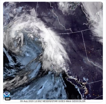 Satellite image of the comma-shaped low pressure system that arrived in the Gulf of Alaska on Sunday, Aug. 9.