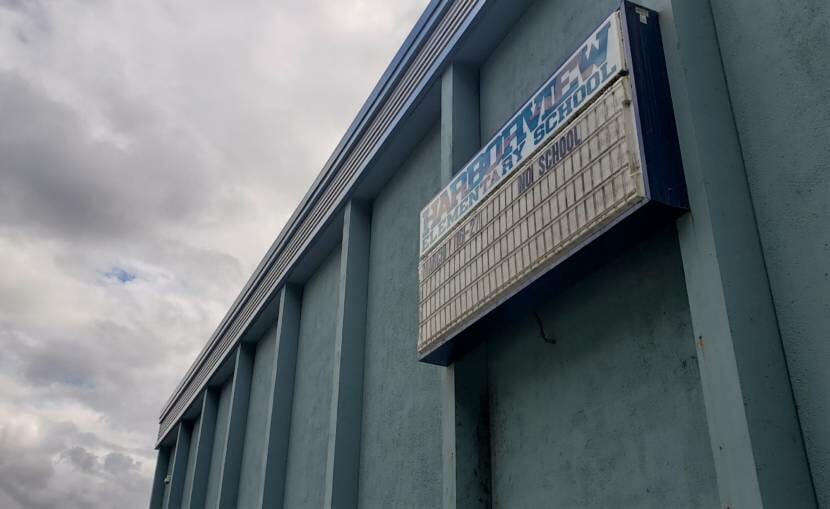 The marquee at Harborview Elementary School in Juneau, pictured here on Aug. 6, 2020, still has a message about school being abruptly canceled in March, when Gov. Mike Dunleavy ordered schools to close to slow the spread of the coronavirus that caused the COVID-19 pandemic.