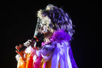 Gigi Monroe (James Hoagland) talks to the crowd after a Drive-In Drag Show on Saturday, August 29, 2020 in Juneau, Alaska. Monroe said it has been six months since they’ve hosted a live show. (Photo courtesy Rashah McChesney)