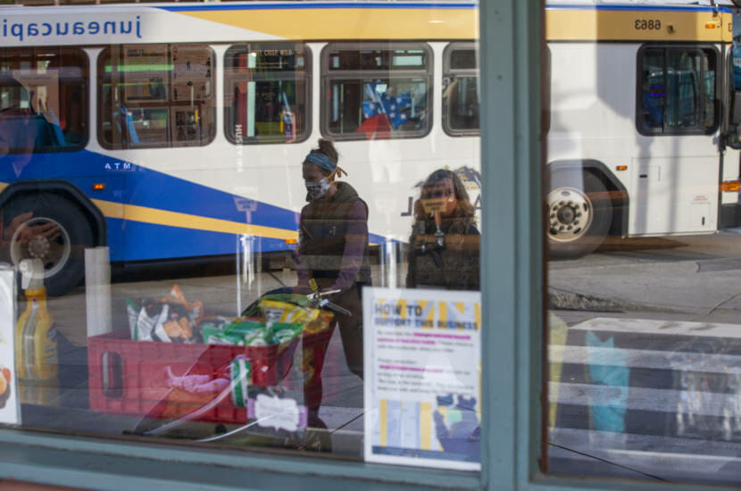 People, masked and unmasked, in downtown on Saturday, September 5, 2020, in Juneau, Alaska. (Photo by Rashah McChesney/KTOO)