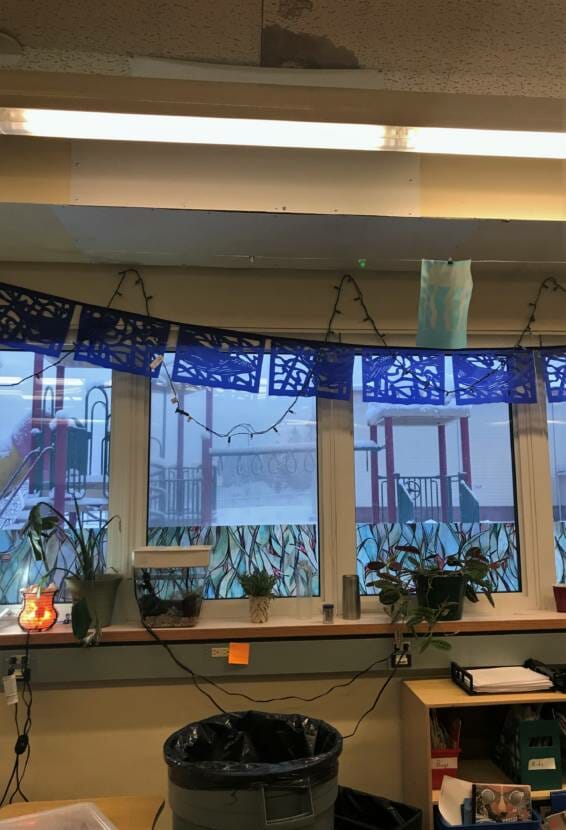 Juneau School Board member Paul R. Kelly snapped this picture of water damaged ceilings and a trashcan positioned to catch leaks during a tour of Riverbend Elementary School on Jan. 22, 2020.