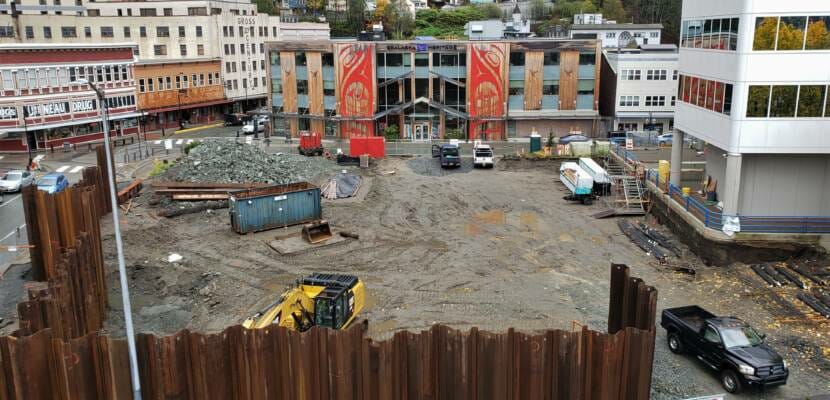 Construction vehicles sit idle at Sealaska Heritage Institute's arts campus construction site in downtown Juneau on Oct. 5, 2020.