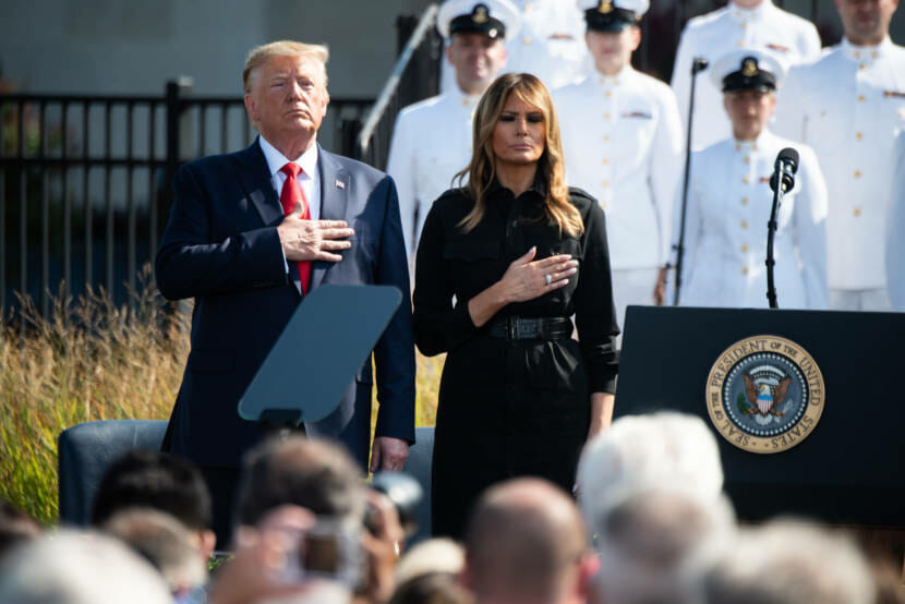 President Donald J. Trump and First Lady Melania Trump stand as TAPS is played during the annual 9/11 Observance Ceremony in Washington D.C., Sept. 11, 2019. (DoD Photo by U.S. Army Sgt. James K. McCann)