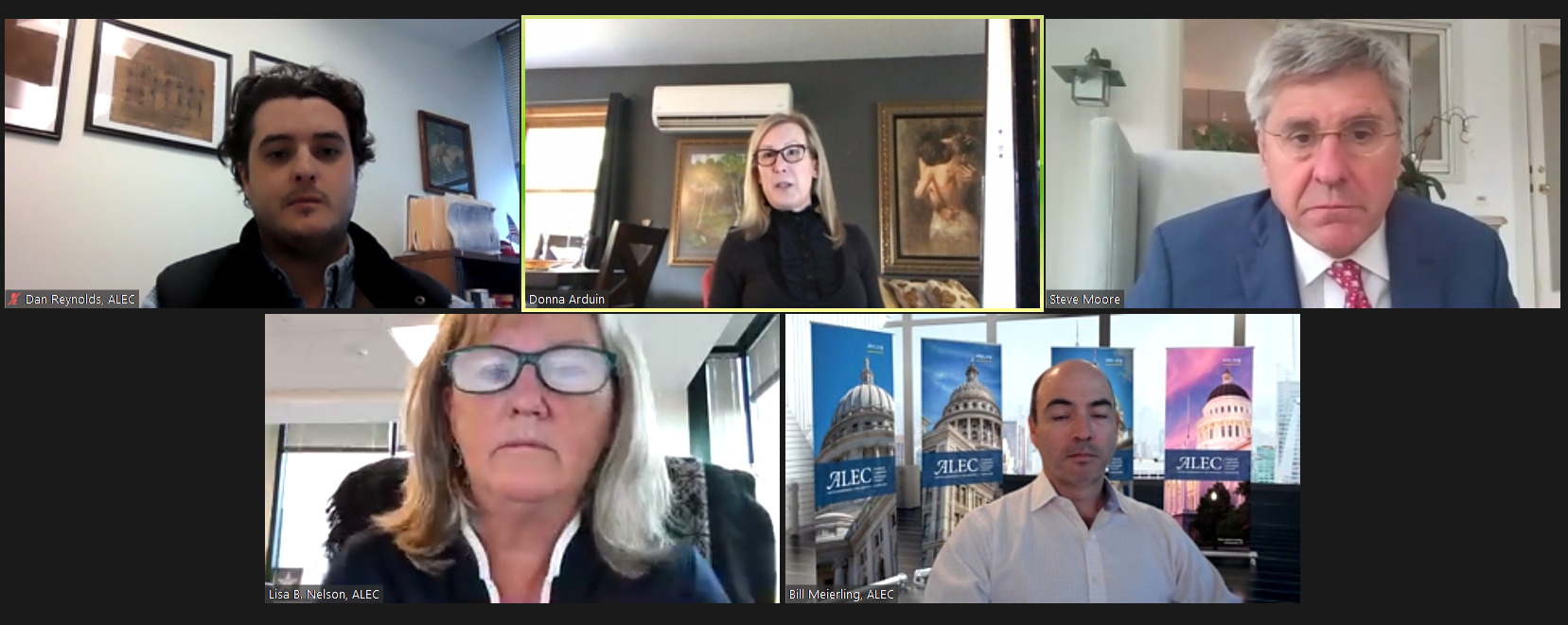 Former Alaska budget director Donna Arduin, top row center, speaks about a report that ranked Gov. Mike Dunleavy 49th of 50 governors in "economic freedom." Also pictured are American Legislative Exchange Council employees Dan Reynolds, Lisa B. Nelson and Bill Meierling, and economic writer Stephen Moore, who participated in a webinar on the report on Oct. 16, 2020. (Screen shot of webinar) 