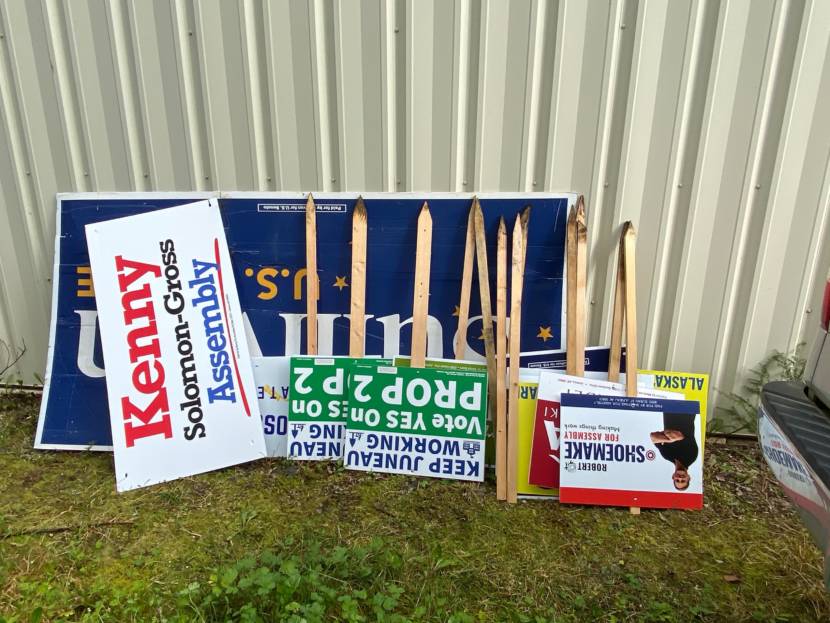 According to an Alaska Department of Transportation and Public Facilities spokesman, crews photograph every sign in the state right of way before they pull them, plus all the signs from a patrol before they go into storage, as pictured here in 2020.