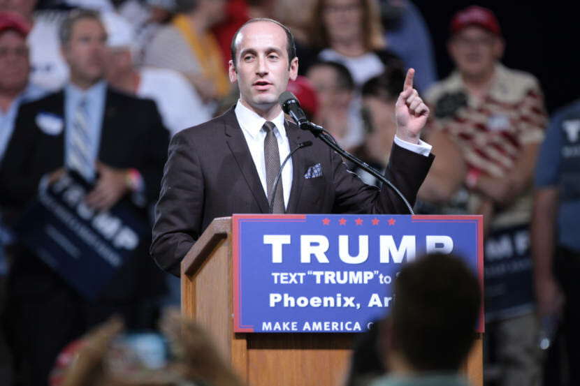 Stephen Miller speaking with supporters of Donald Trump at a rally at Veterans Memorial Coliseum at the Arizona State Fairgrounds in Phoenix, Arizona. (Photo courtesy Gage Skidmore)