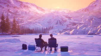 Graphic from "Tell Me Why" video game of two people sitting in camp chairs in the snow looking at a mountain