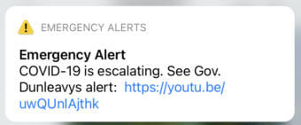 Screenshot of a cellphone alert from the Governor