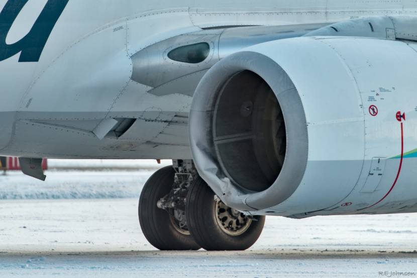 Close up of damage to a jet engine after an Alaska Airlines plane hit a bear on the Yakutat runway