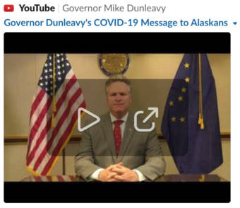 Screenshot of a YouTube video. At 10:00 a.m. on Thursday, Nov. 12, 2020, Gov. Mike Dunleavy sent issued an alert about the escalating spread of COVID-19 in Alaska.