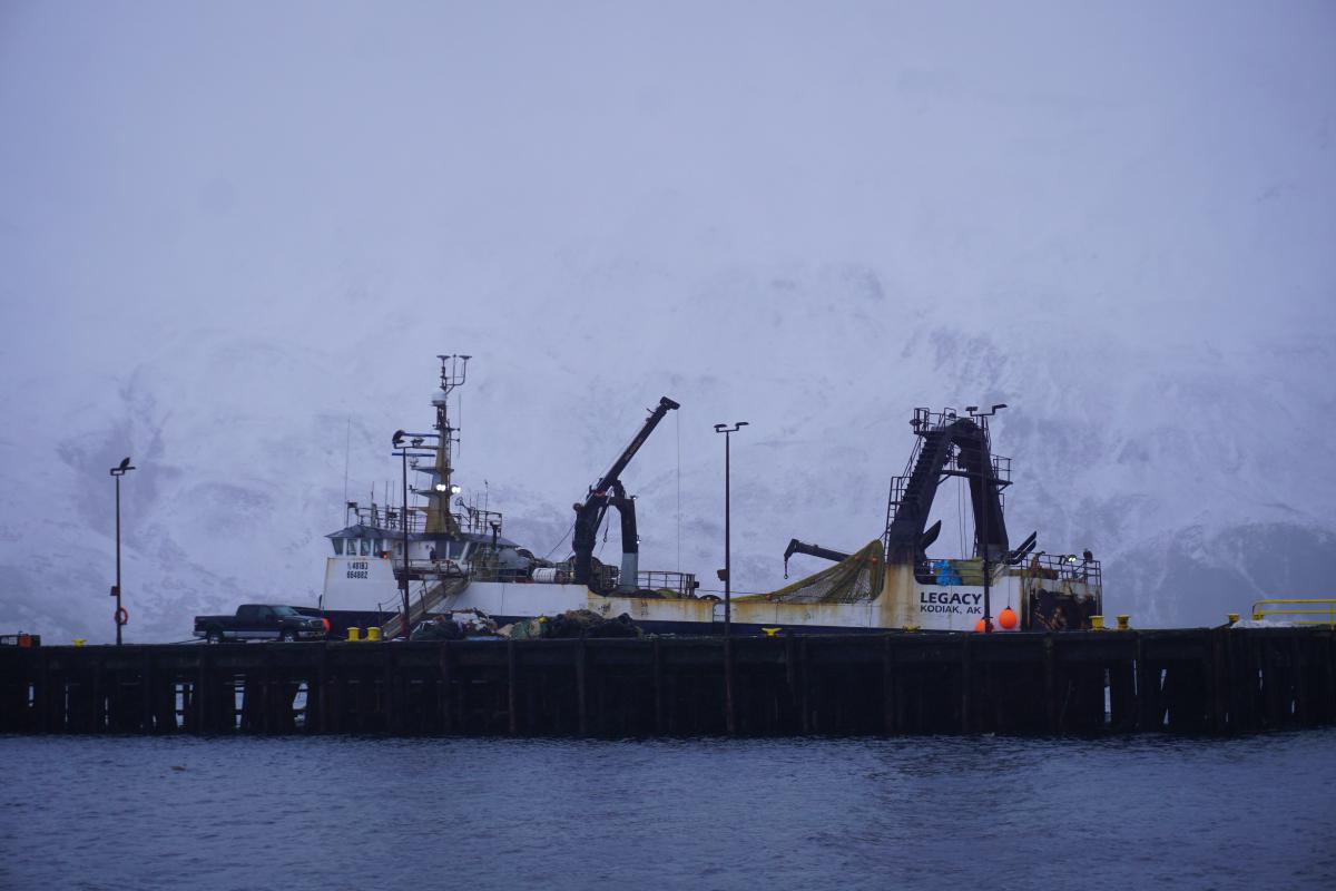 The F/T Legacy at North Pacific Fuel's dock on Captains Bay Road in Unalaska