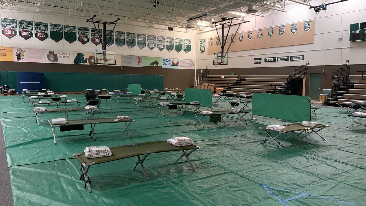 The high school gym in Haines set up as a shelter for evacuees from flooding and landslides