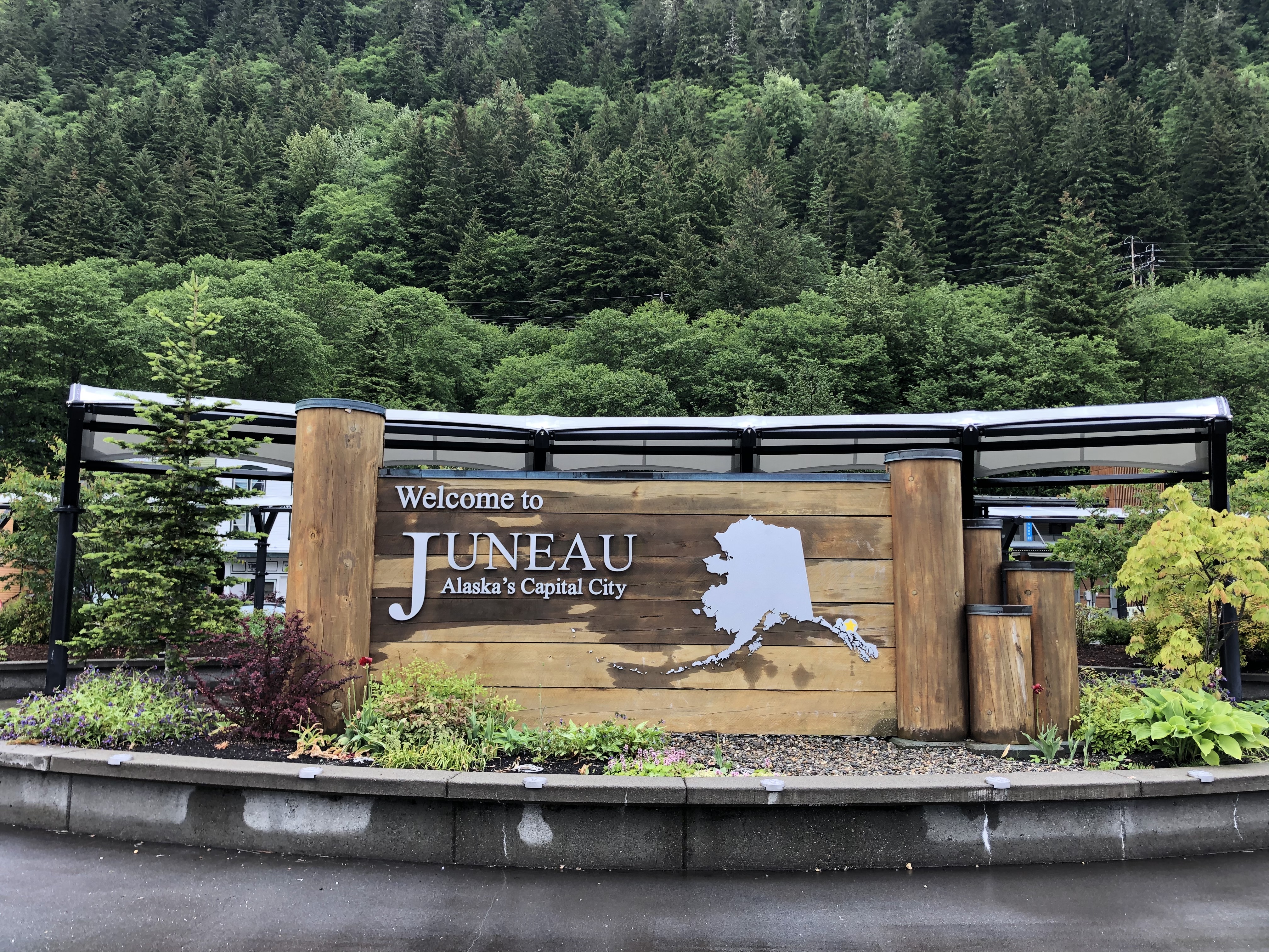 A wet Welcome to Juneau sign, taken on June 3, 2020.