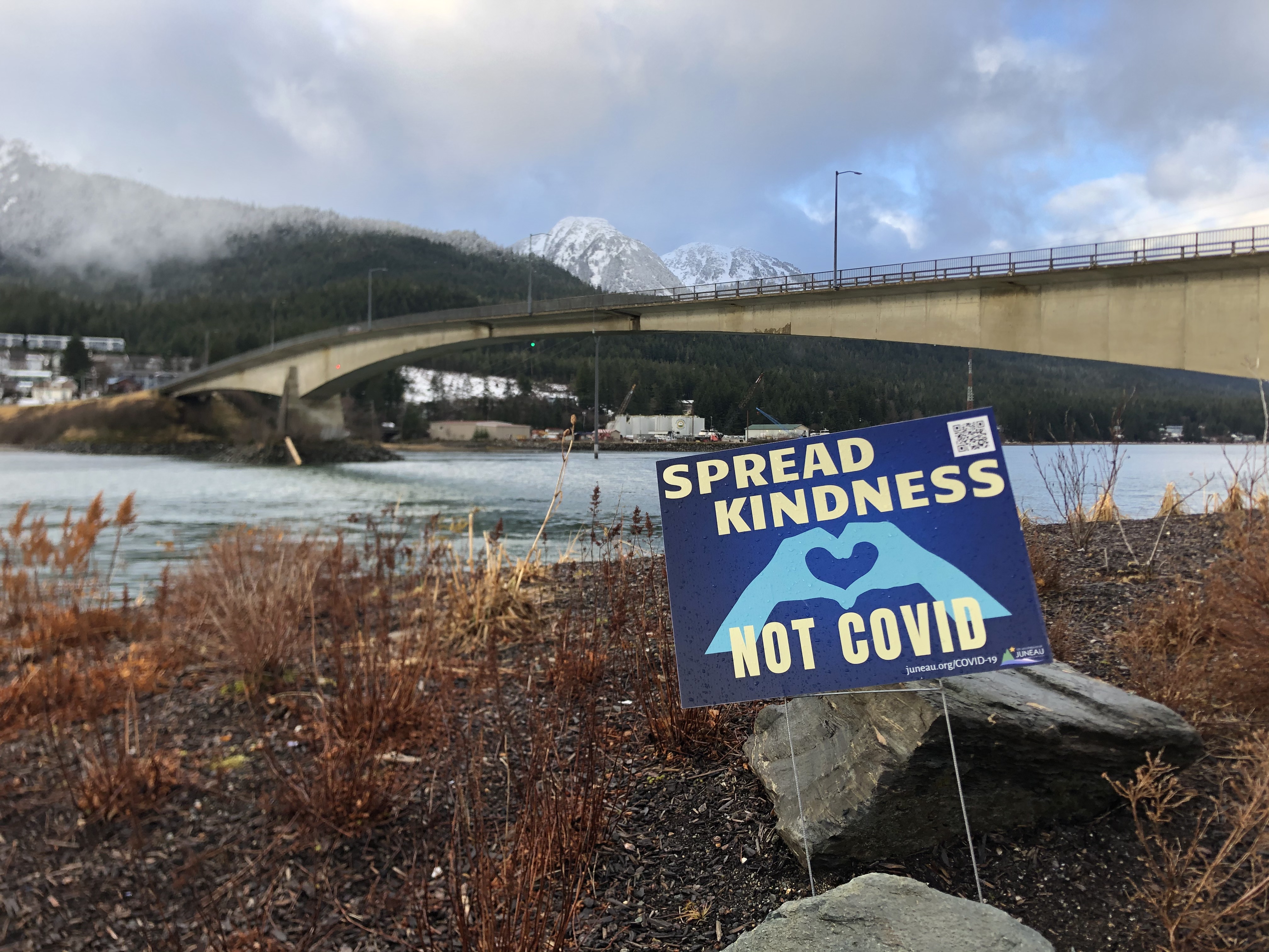 A City & Borough of Juneau sign reads "Spread Kindness, Not COVID." Photographed Nov. 26, 2020, at Overstreet Park.