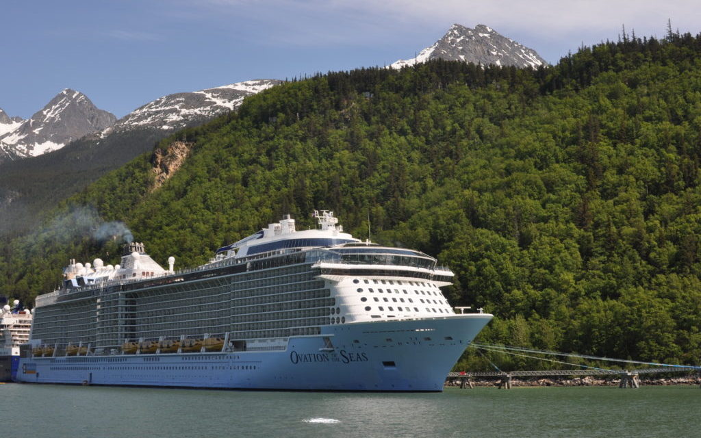 Royal Caribbean International’s Ovation of the Seas, another quantum-class cruise ship, in Skagway’s port. (Claire Stremple/KHNS)