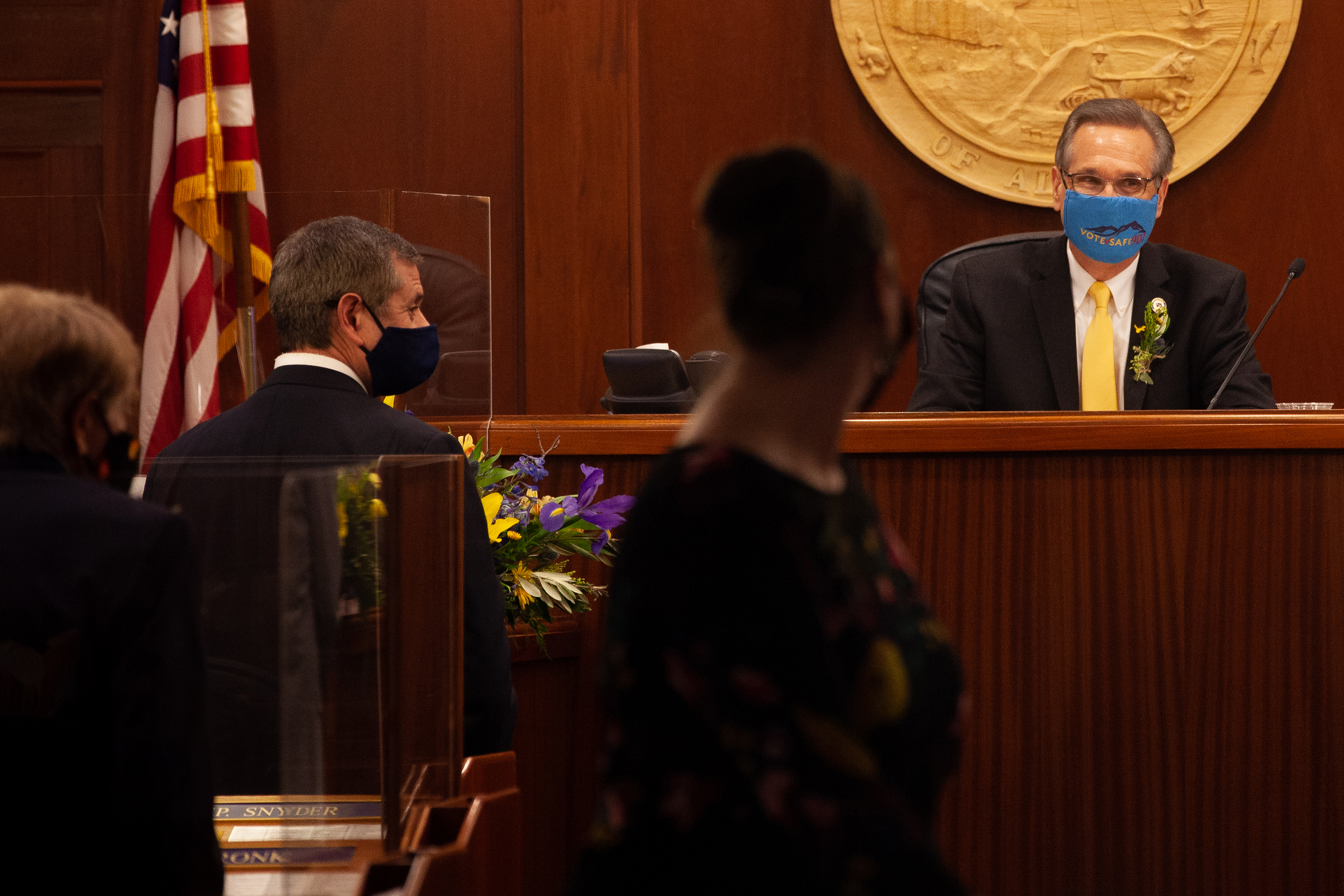 Lt. Gov. Kevin Meyer swears members of the state House in during the first day of the 32nd Legislative Session on Tuesday, Jan. 19, 2021 in Juneau, Alaska. (Photo by Rashah McChesney/KTOO)